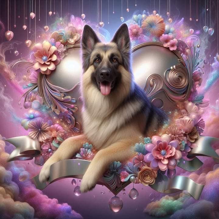 Stylized German shepherd dog surrounded by pink and purple flowers and decorative fantasy elements