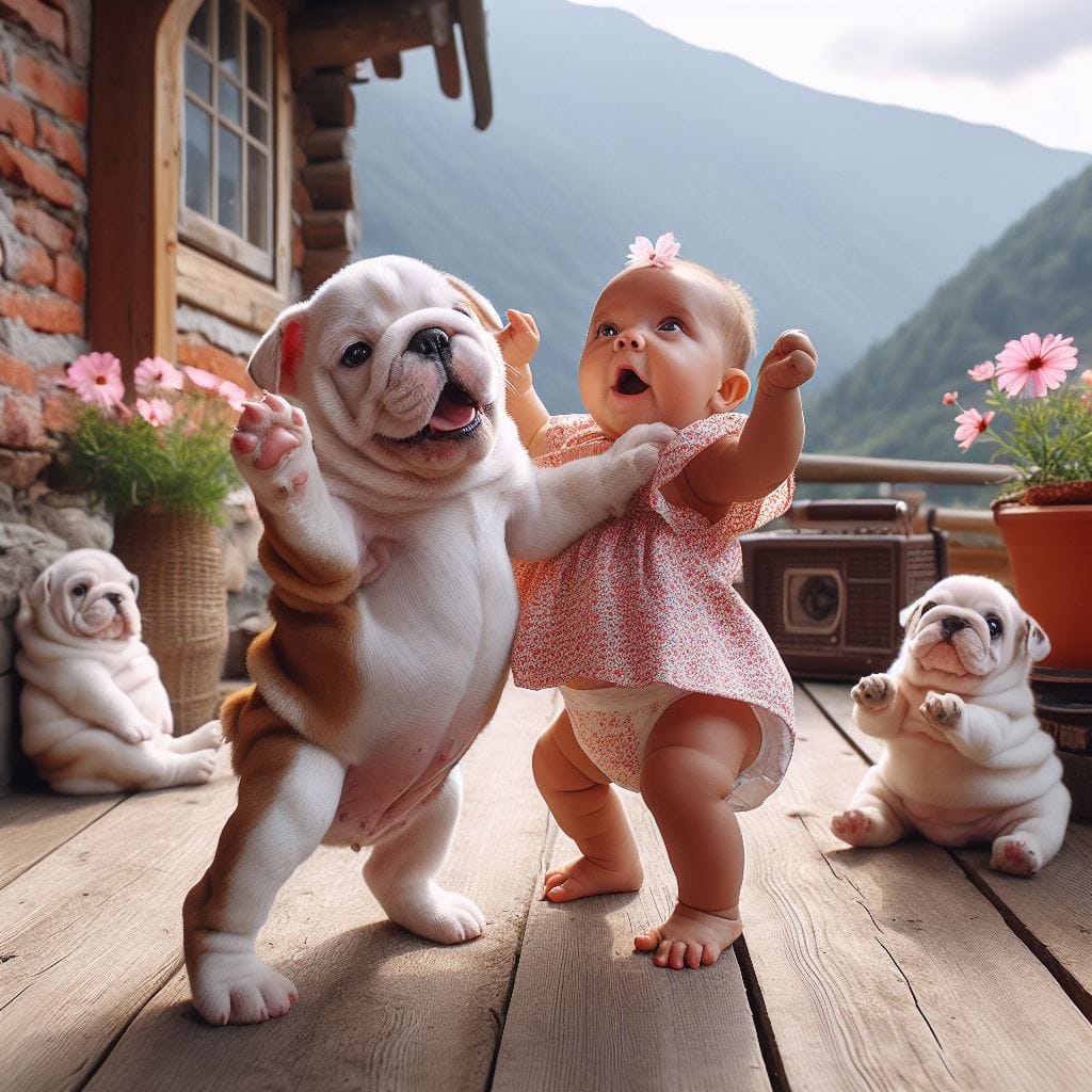 Baby in pink dress dancing with white bulldog puppy on mountain balcony with flowers