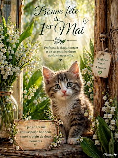 Taby kitten sitting on a windowsill surrounded by lily of the valley flowers with French text