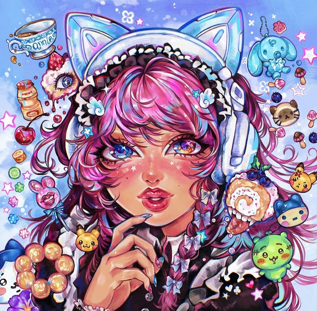 Anime-style pink-haired girl with cat-ear headphones surrounded by candy and cute sweets