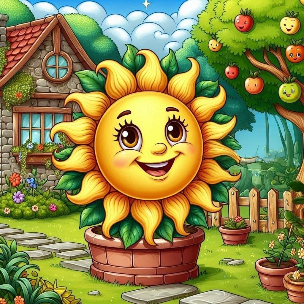 Cartoon smiling sun character in a flower pot in a garden with a cottage and apple tree