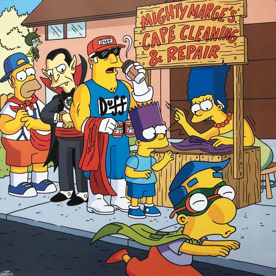 Cartoon scene of Simpsons characters standing outside a cave cleaning shop with wooden sign