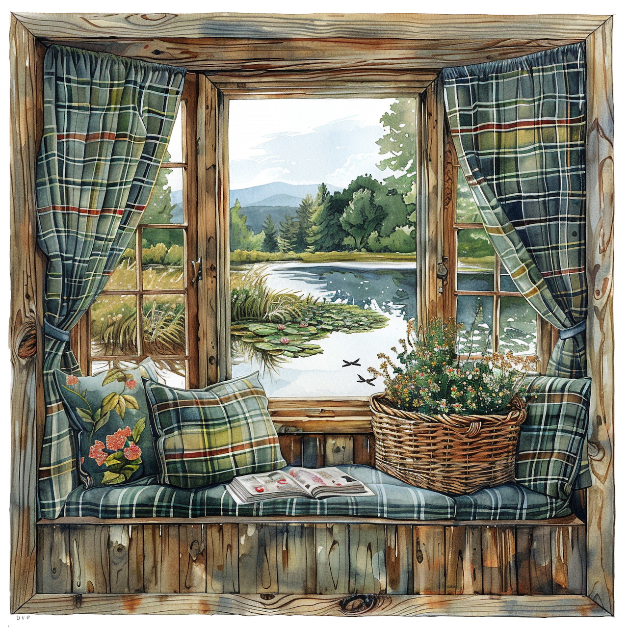 Window seat with plaid cushions and curtains overlooking a peaceful lake and mountains