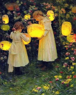 Painting of children in white dresses carrying glowing paper lanterns in a flower garden at night
