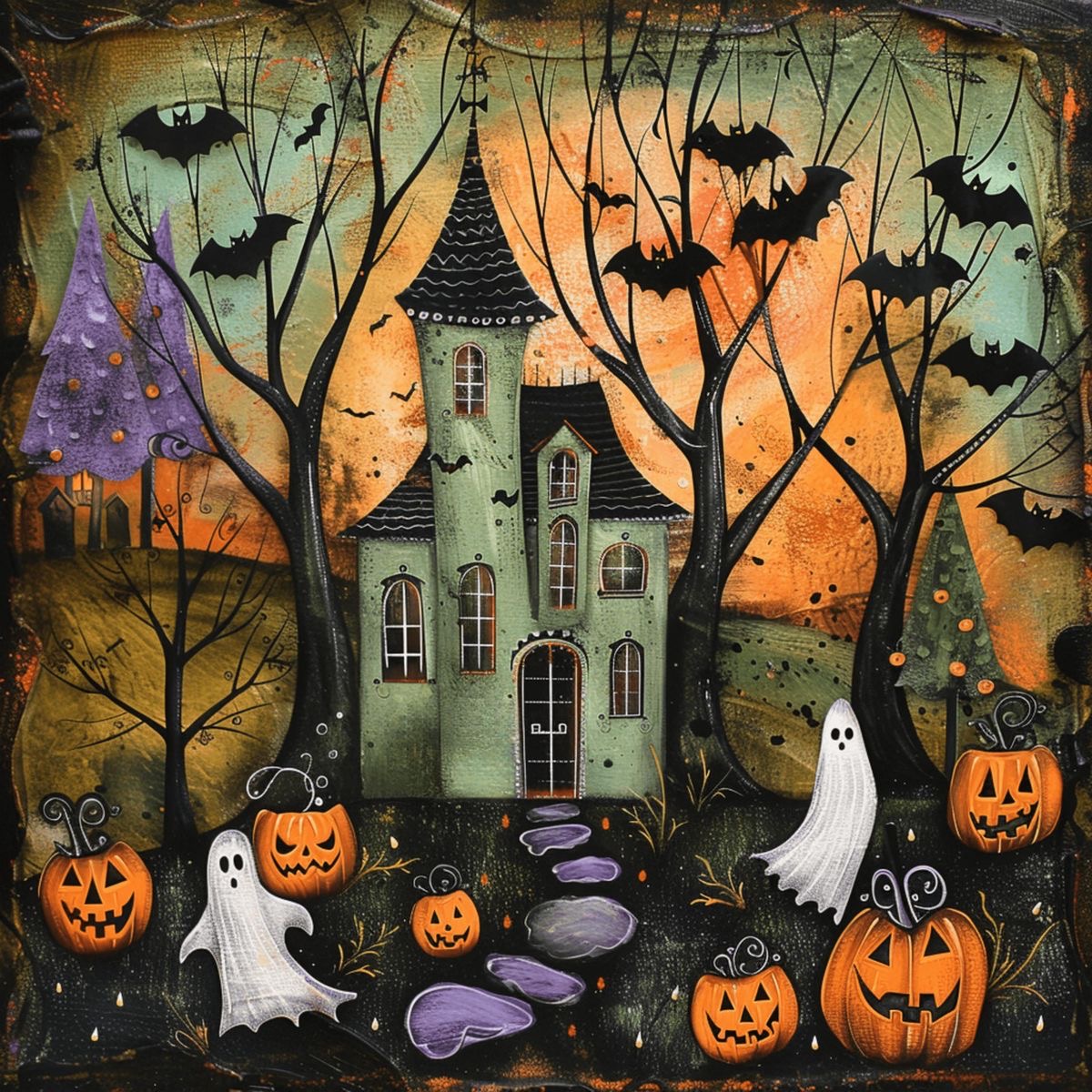 Halloween illustration of haunted house with pumpkins, ghosts, and bats against orange sky