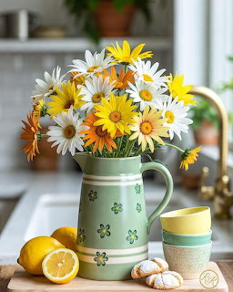 Green pitcher with white and yellow daisies, lemons, cookies, and stacked cups on a kitchen counter