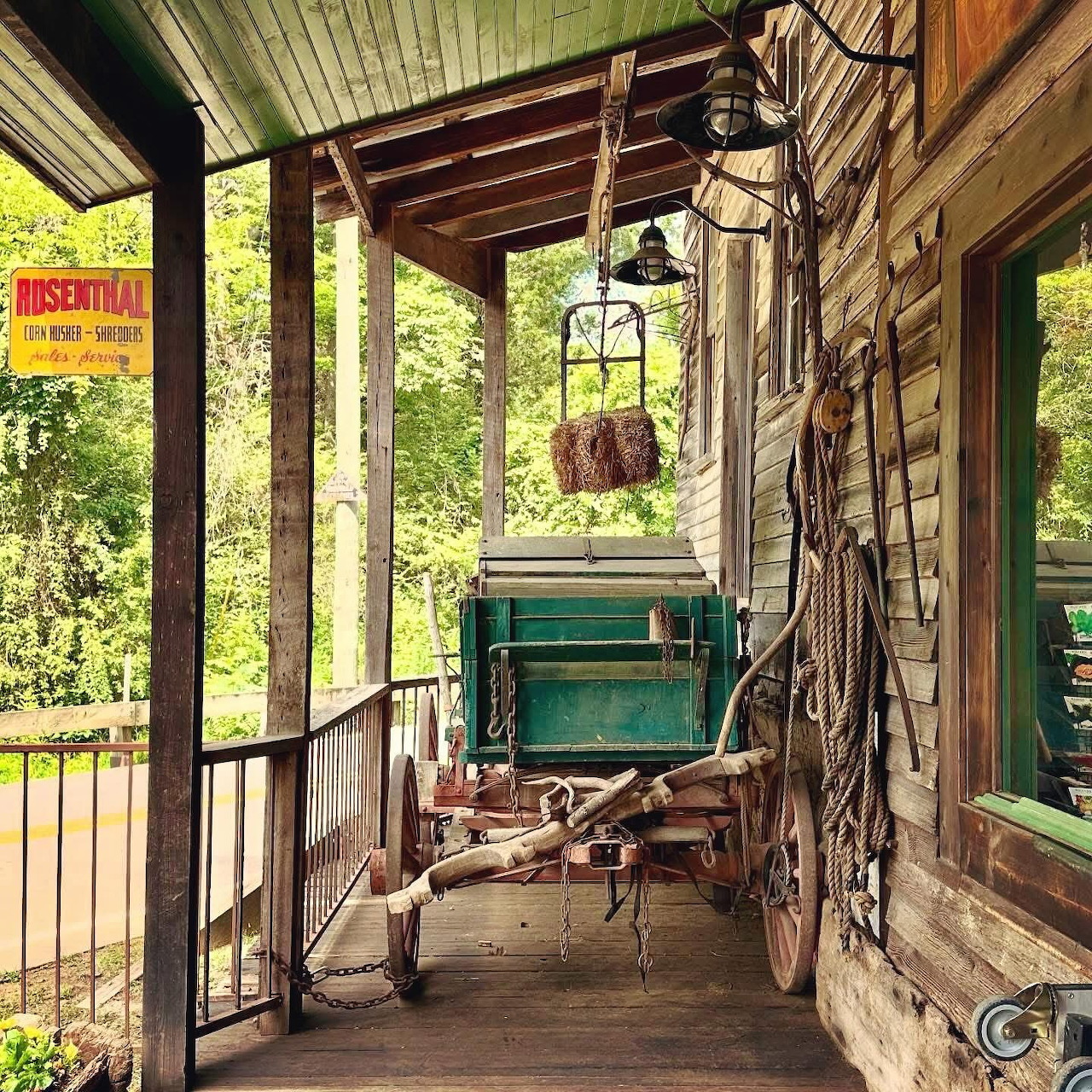Rustic Cabin Porch with Vintage Wagon