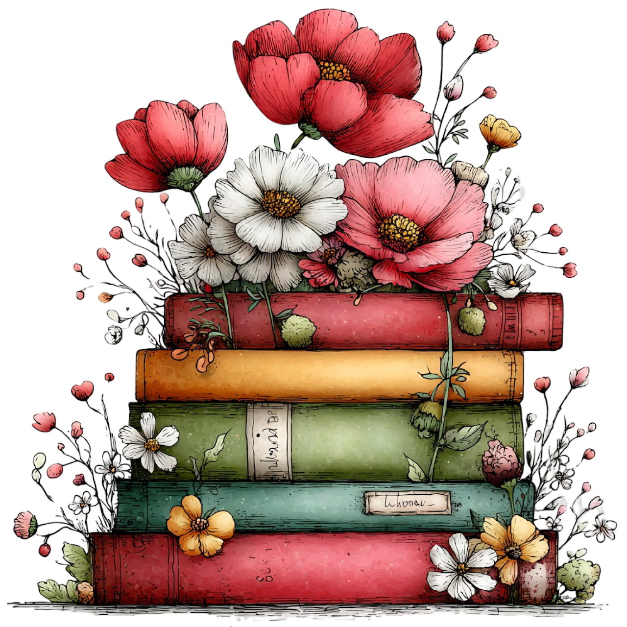 Stack of vintage books with pink poppies, white daisies, and small wildflowers growing from the pages