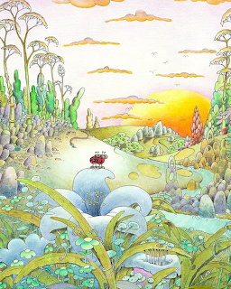 Watercolor illustration of a ladybug in a garden at sunset with flowers and foliage