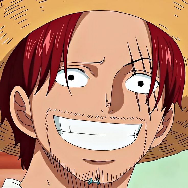 Anime character Shanks grinning with red hair and straw hat