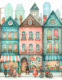 Whimsical pastel storefront houses on a city street with people, flowers, and a bicycle