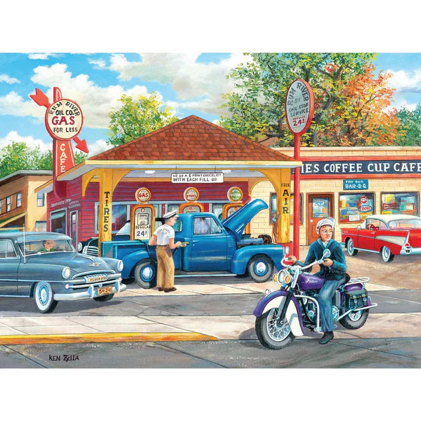 Illustration of a vintage gas station and cafe with classic cars, a blue pickup, and a motorcycle