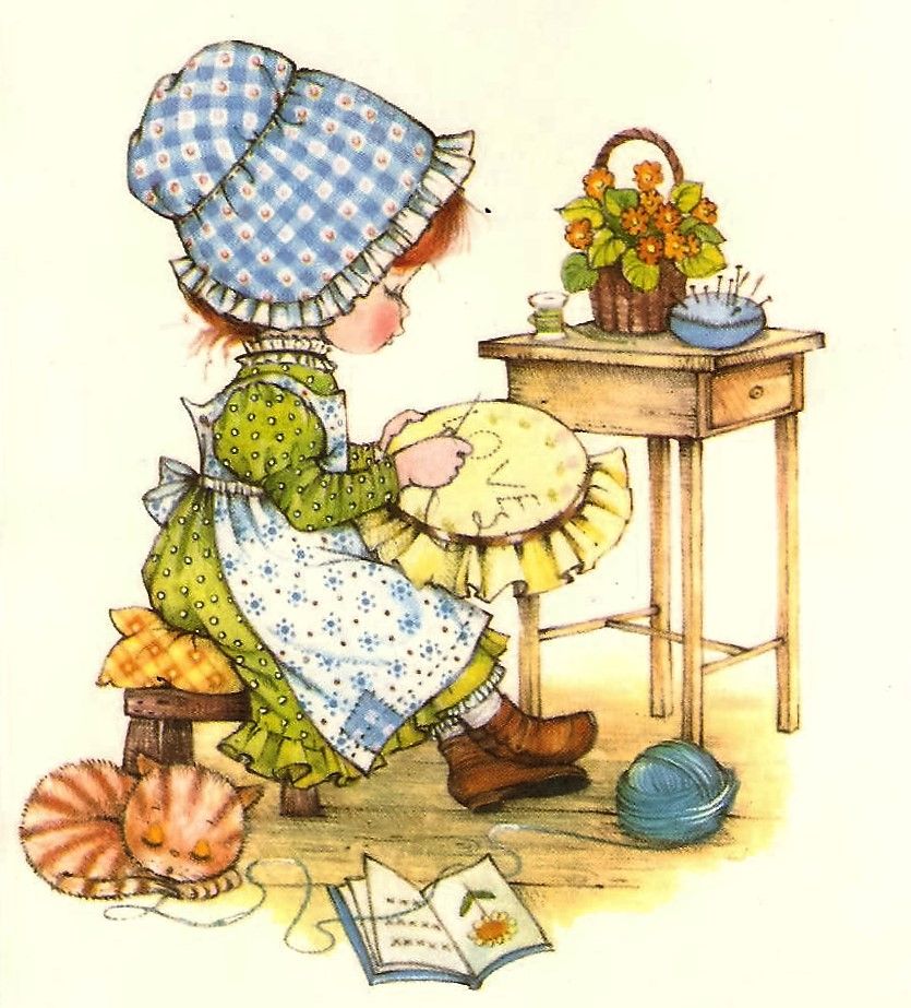 Watercolor drawing of young girl in bonnet embroidering with cat at her feet