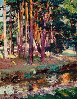 Impressionist forest painting with stream, tall trees, and colorful dappled light through foliage