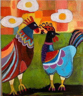 Folk-style painting of two colorful chickens on green grass with white flowers above