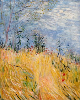 Impressionist painting of a wheat field with red poppies and thin tree branches under a blue sky
