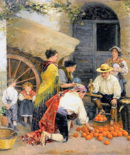 Oil painting of orange vendors and customers at a market stall with a wooden cart