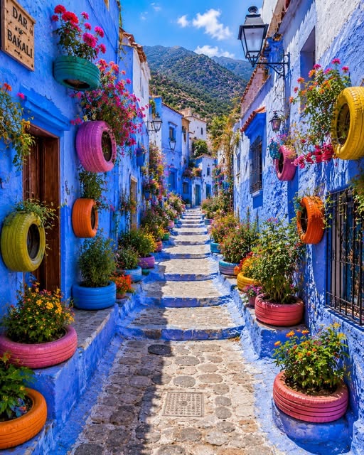 Colorful alley in Chefchaouen Morocco with blue walls, painted tires, and flowering plants on stone steps