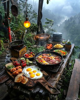 Rustic campfire breakfast spread on a wooden table with eggs, sausages, bread, fruit, and misty mountains