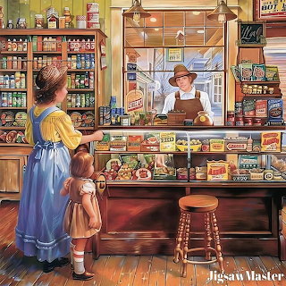 Illustrated vintage general store interior with a woman, child, and shopkeeper at the counter