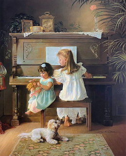 Two girls in white dresses playing piano with small white dog sitting on floor in warm-lit room