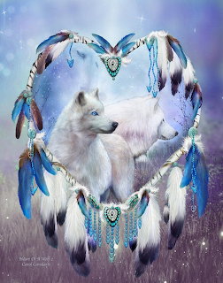 White wolf inside heart-shaped dreamcatcher with blue feathers and turquoise beads on ethereal purple background