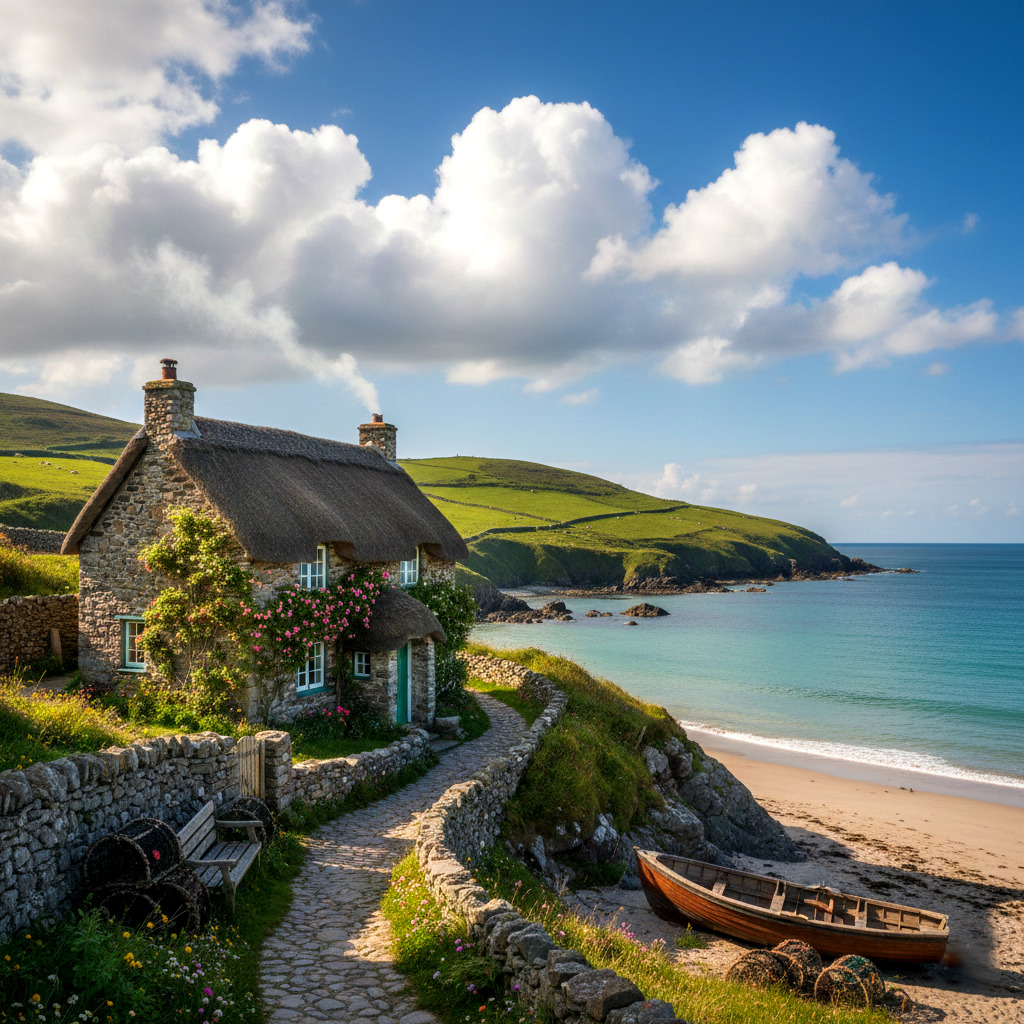 Thatched stone cottage on coastal hillside with beach, wooden boat, and ocean view under cloudy blue sky