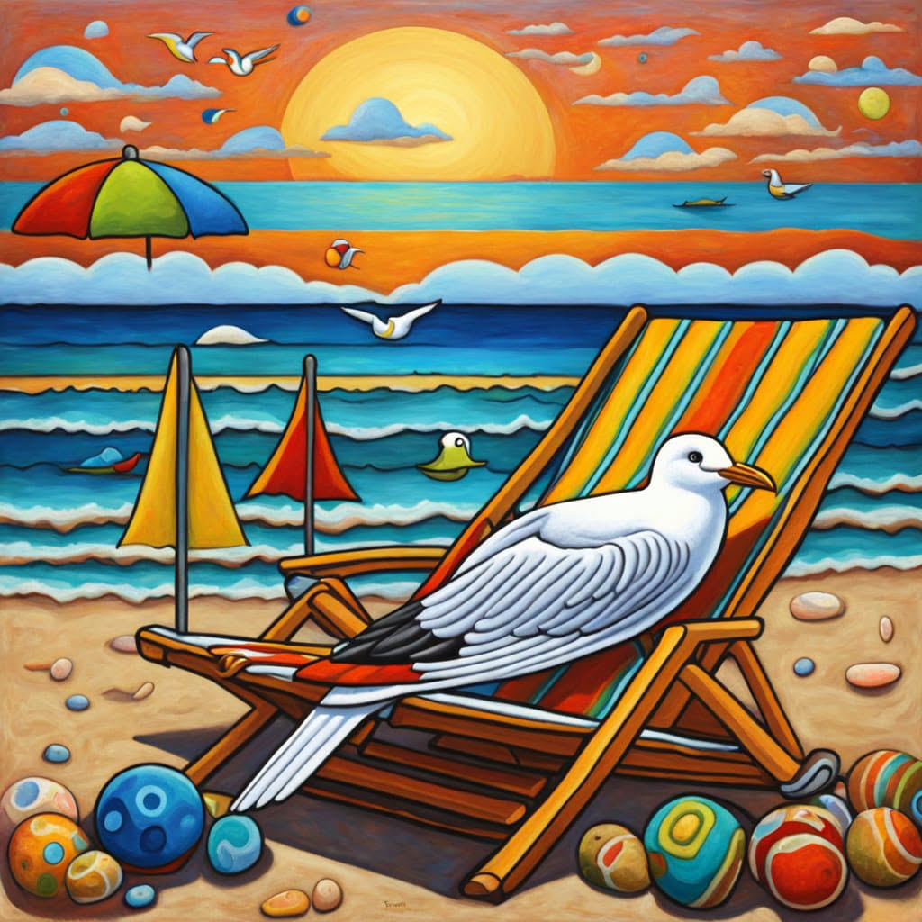 Illustrated seagull resting on a striped beach chair by the ocean at sunset