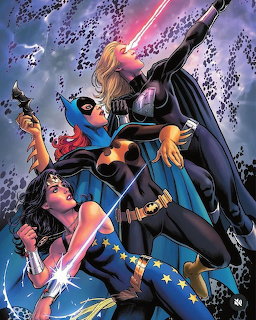 Three female superheroes in blue, red and black costumes posed dynamically against cloudy sky