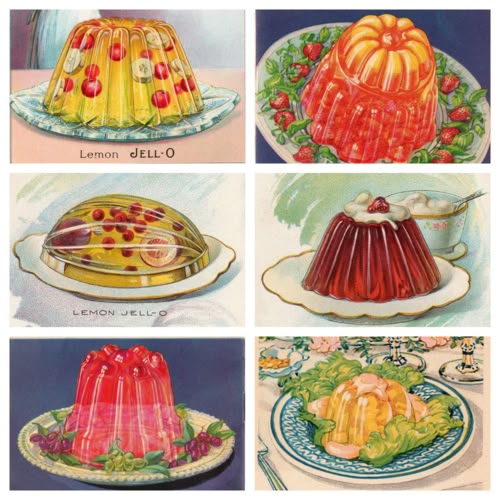 Grid of six vintage Jell-O mold dessert illustrations in various colors with fruit garnishes