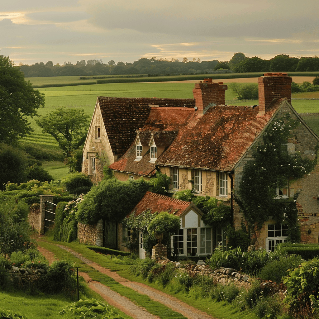 Traditional English stone cottage with red tile roof surrounded by lush gardens and green countryside fields