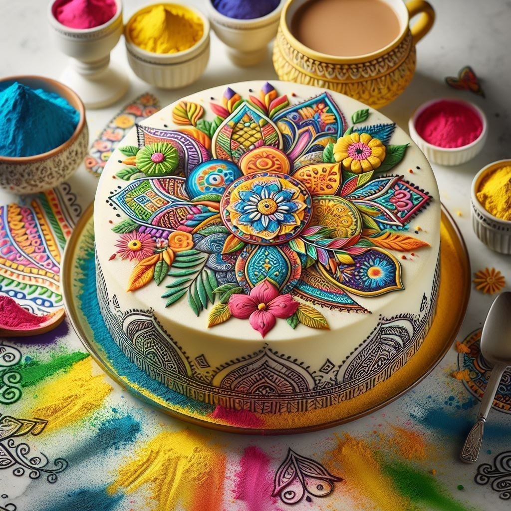 Round cake with vibrant mandala pattern in multiple colors on white frosting, surrounded by small paint bowls