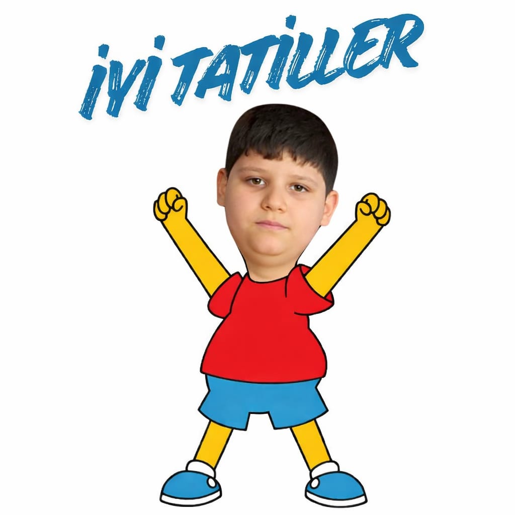 Boy's face on a cartoon body with raised arms and 'iyi tatiller' text above