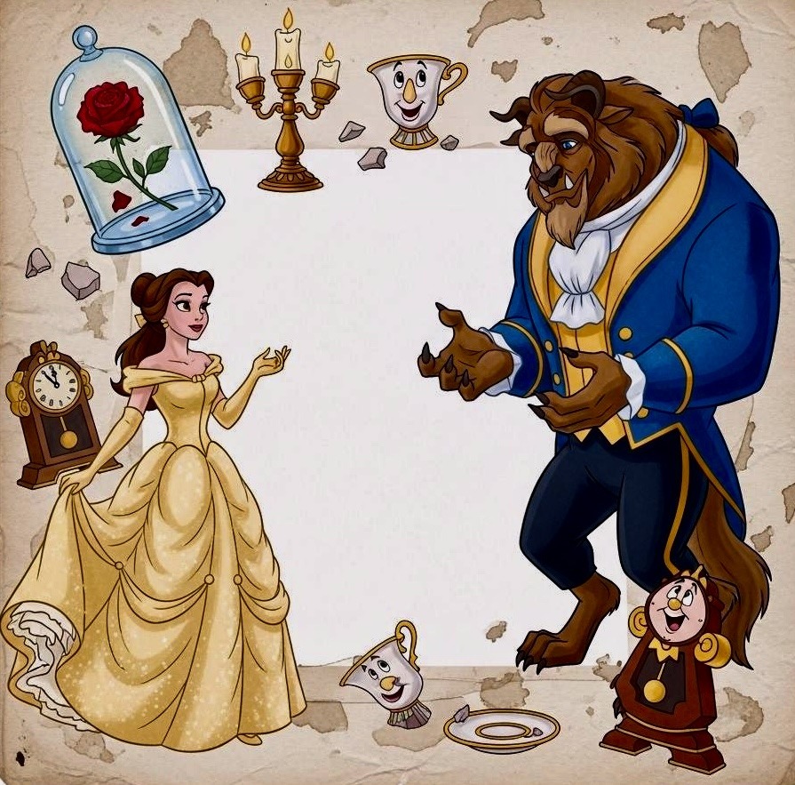 Belle and Beast with enchanted castle objects including candelabra, clock, teapot and cup on aged parchment background