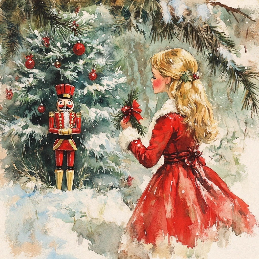 Watercolor girl in red dress with nutcracker and Christmas tree in snow