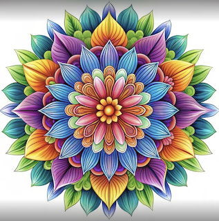 Symmetrical mandala with layered multicolored petals in rainbow gradients on white background