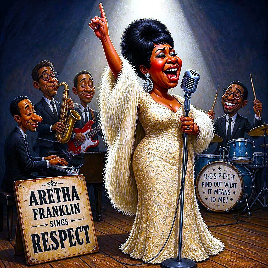 Illustration of Aretha Franklin singing on stage with a band and vintage microphone