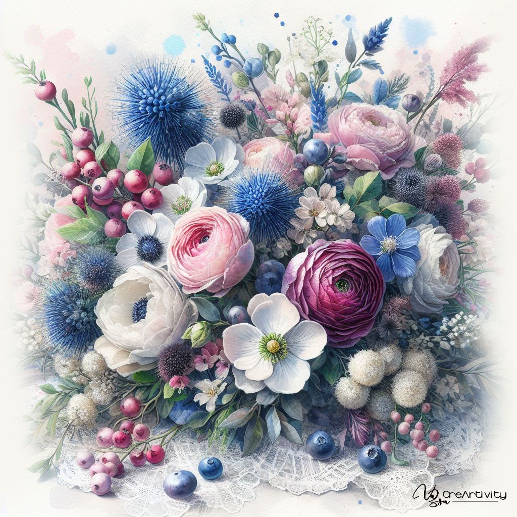 Pastel floral bouquet with roses, blue thistles, white flowers, and berries
