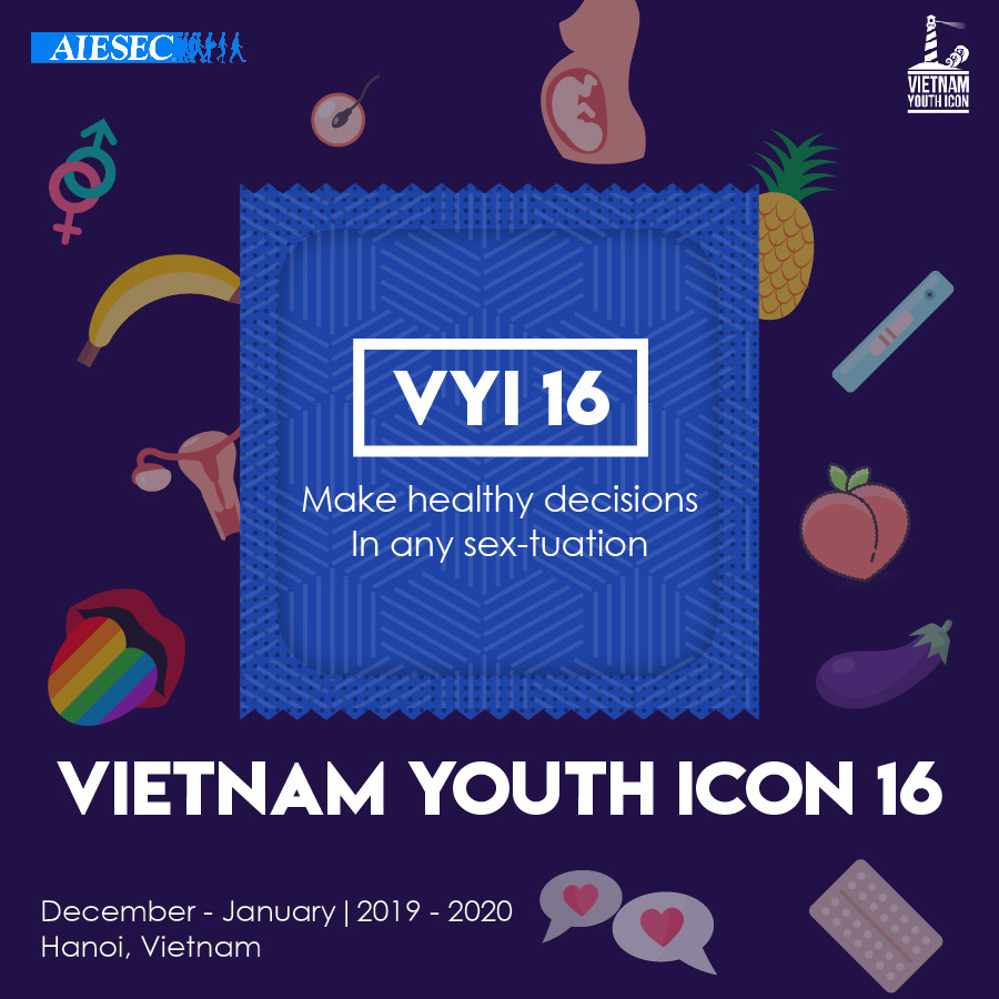 Illustrated Vietnam Youth Icon 16 poster with sexual health symbols and colorful fruit icons on purple