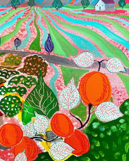 Colorful folk art painting showing rainbow-striped farm fields with decorative trees and orange flowers in foreground