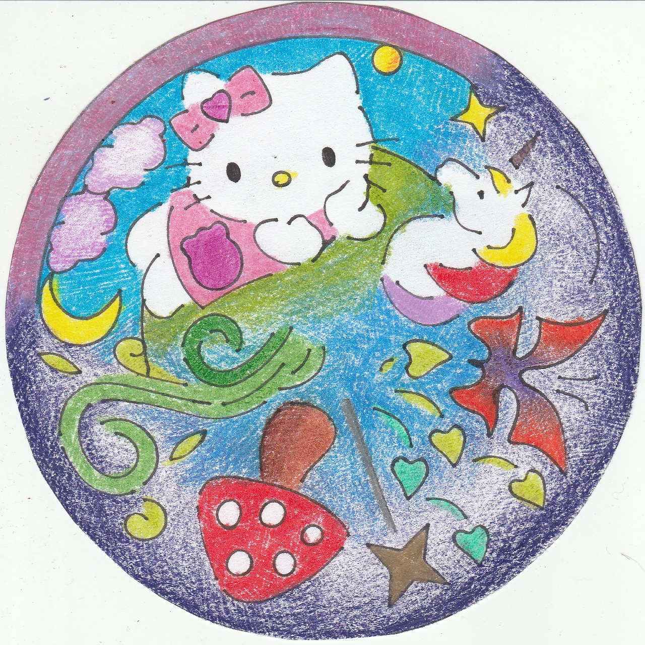 Colored Hello Kitty mandala with stars, hearts, moon, and red mushroom in a circular design