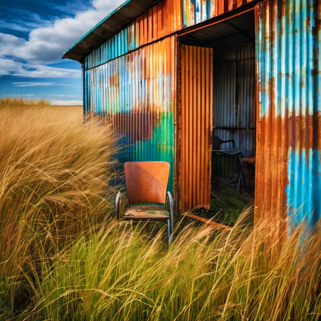 Rusty corrugated metal shed with an open door and chair in tall golden grass