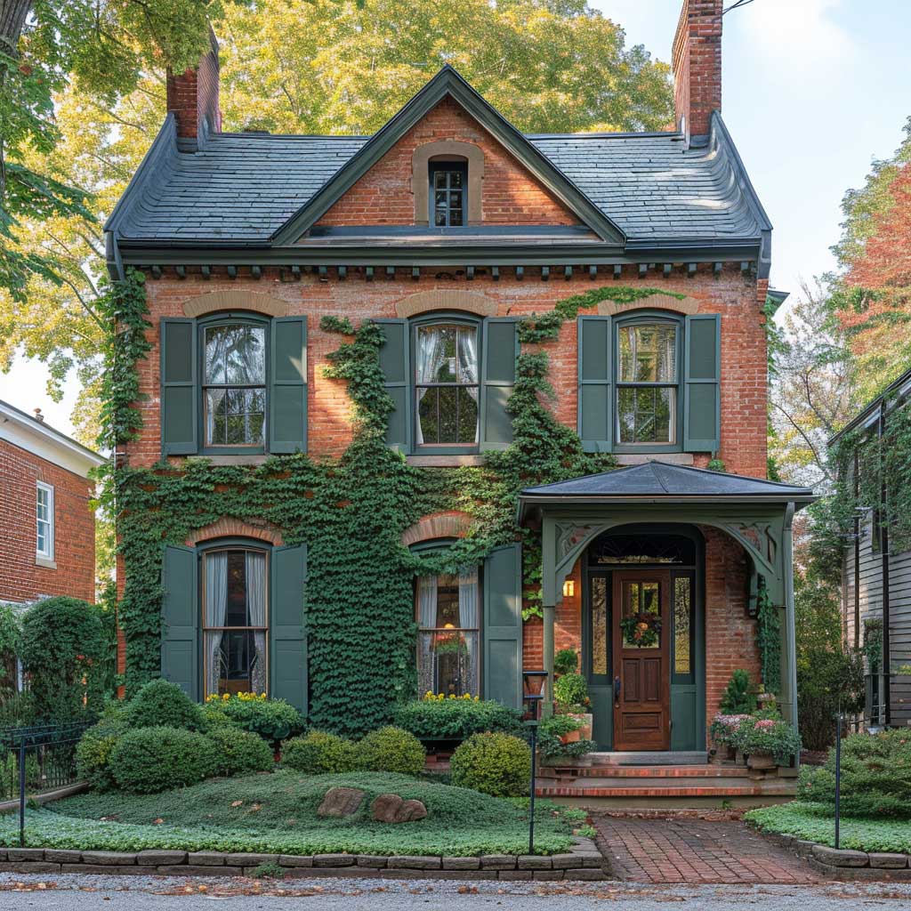 Victorian brick house with ivy, arched windows, front porch, and landscaped garden in autumn setting