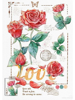 Watercolor red roses with buds and leaves on vintage postcard background with stamps and text