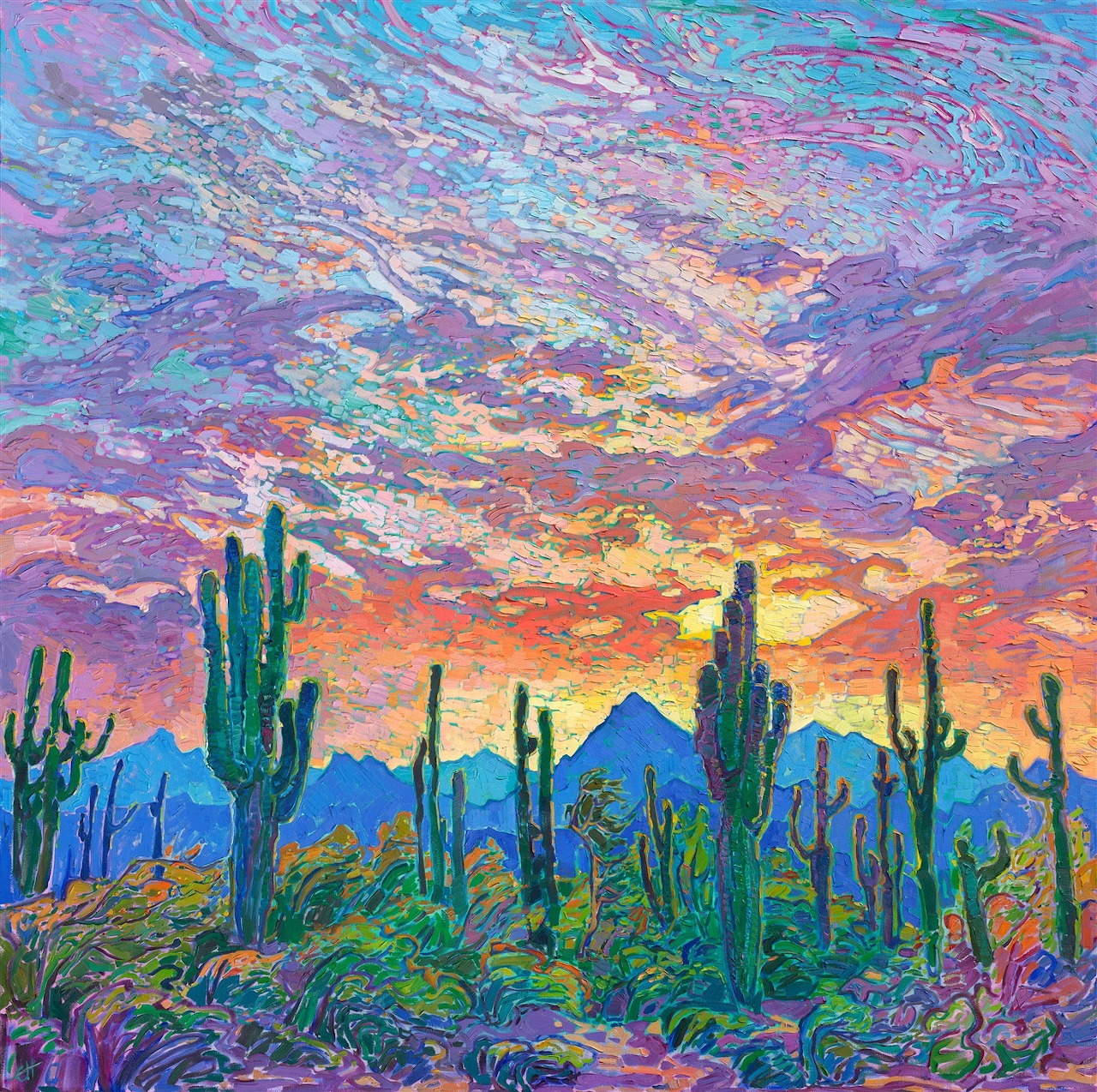 Impressionist painting of saguaro cacti at sunset with vivid purple and orange sky