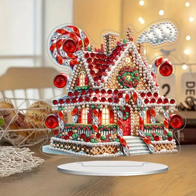 Decorative gingerbread house with red candy canes, lollipops, and Christmas ornaments