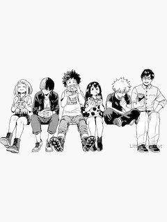 Black and white drawing of six My Hero Academia anime characters sitting together in casual outfits