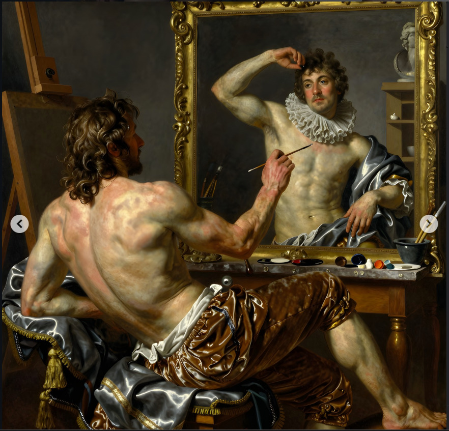 Classical painting of a shirtless man painting his reflection in a mirror
