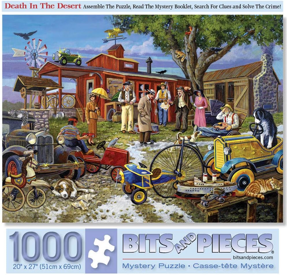 Illustrated yard sale scene with people, vintage vehicles, and scattered objects around red barn and buildings