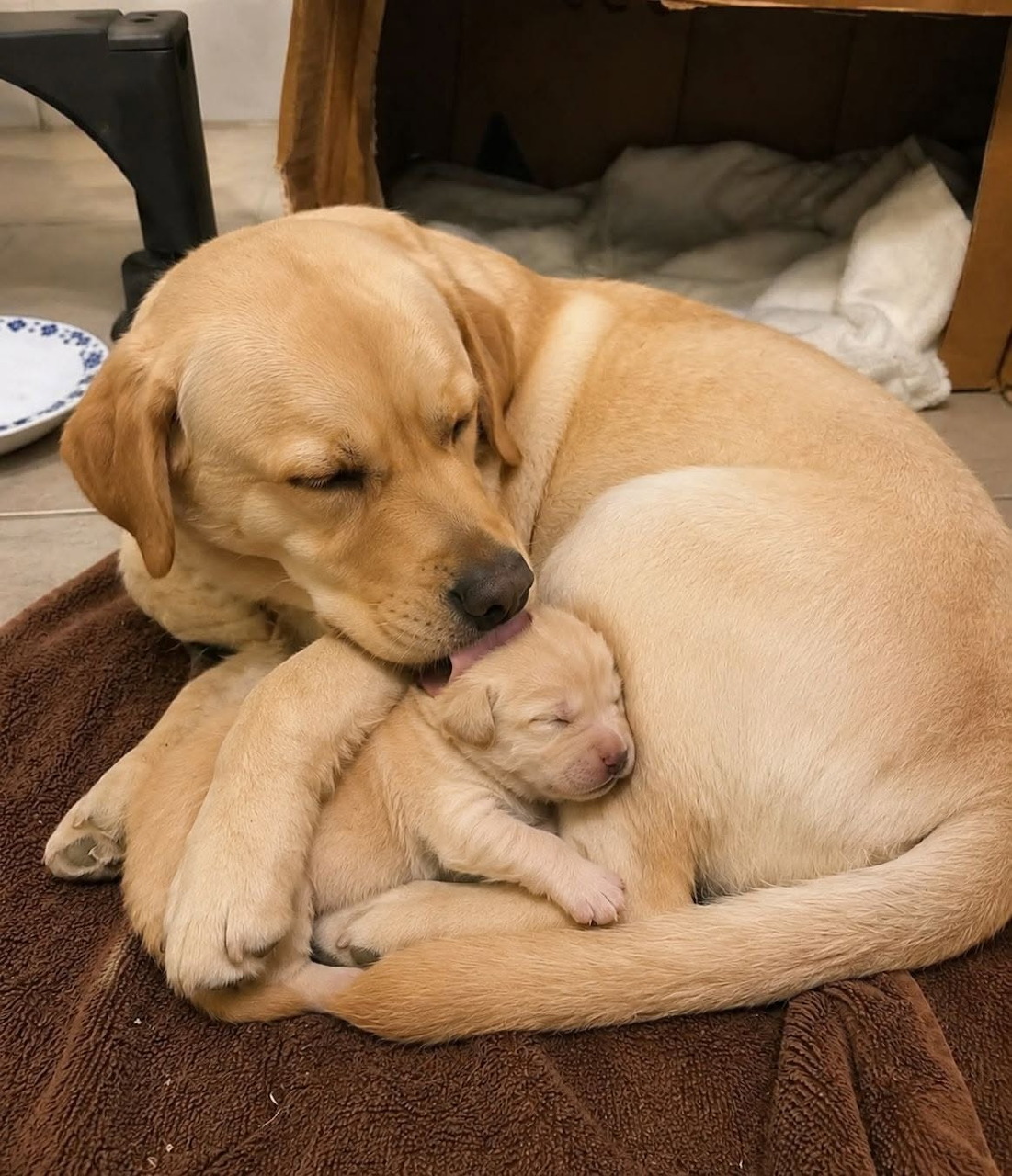 Yellow Labrador mother cuddling a sleeping puppy on a towel indoors